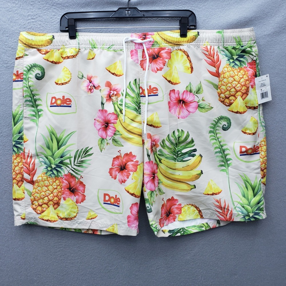 Dole Tropical Fruit Print Swim Trunk Shorts White Hawaiian Vacation Banana XXL